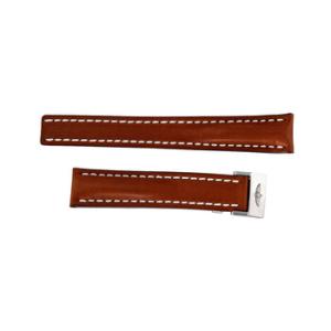 Brown Leather Watch Band Strap With White Stitching And A Stainless Steel Deployment Buckle