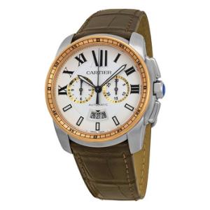 Calibre De Cartier Silver Dial Stainless Steel 18kt Pink Gold Brown Alligator Watch W7100043