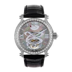 Classic Black Mother of Pearl Dial 18kt White Gold Diamond Black Leather Tourbillon Watch