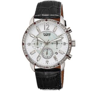 Crystal Chronograph Black Leather Mother of Pearl Dial Watch BUR089BK