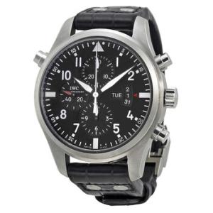 Double Chronograph Pilot  Black Dial Black Leather Watch IW377801