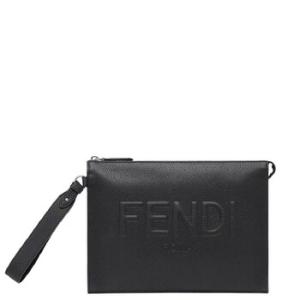 Embossed Logo Zipper Leather Clutch