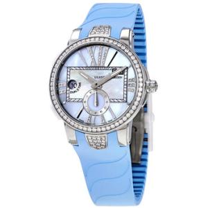 Executive Dual Time Automatic Blue Mother Of Pearl Diamond Dial Rubber Watch 24310B3C393