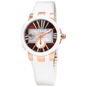 Executive Dual Time Lady 18kt Rose Gold and Ceramic Brown Dial Rubber Strap Automatic Watch