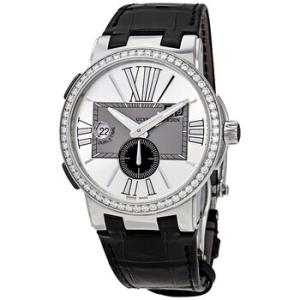 Executive Dual Time Silver Dial Diamond Bezel Black Leather Watch 24300B421