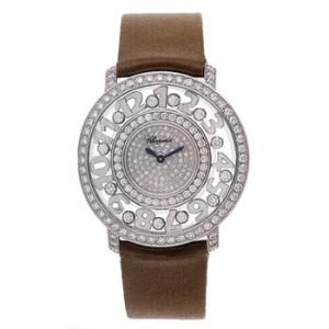 Happy Diamonds Pave Dial 18kt White Gold Brown Leather Watch