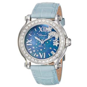 Happy Sport Blue MOP Dial Blue Leather Floating Diamond Moon Watch