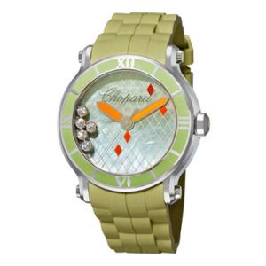 Happy Sport Green Mother Of Pearl Green Rubber Floating Diamonds Watch