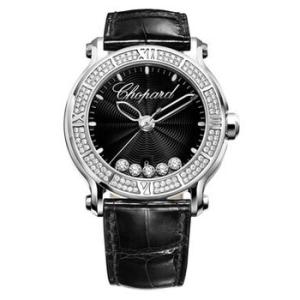 Happy Sport Round Diamond Black Dial Black Leather Watch
