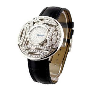 Ladys Round Boutique Diamond Dial Black Leather Strap Quartz Watch
