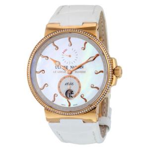 Marine Chronometer Automatic Mother of Pearl Diamond DIal 18kt Rose Gold White Leather Watch 26666B991
