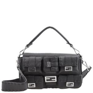 Multipocket Baguette Convertible Leather Bag In Black