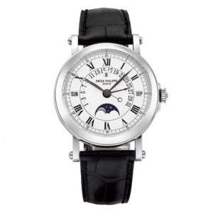 Perpetual Calendar Silver Dial 18kt White Gold Black Leather Watch 5059G