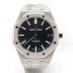 Preowned Audemars Piguet Royal Oak Frosted Gold Black with Grande Tapisserie Pattern Dial Watch 15454BC.GG.1259BC.03