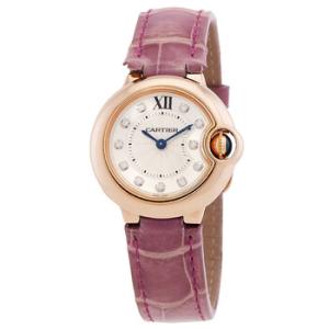 Preowned Cartier Ballon Bleu Silver Diamond Dial 18kt Rose Gold Purple Leather Watch WE902050