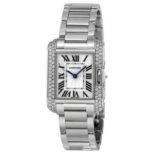 Preowned Cartier Tank Anglaise Diamond Silver and Lacquered Flinque Dial Dial Watch WT100008