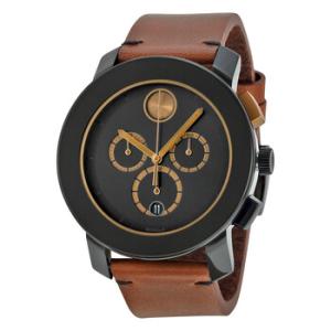 Preowned Movado Bold Chronograph Black Dial Cognac Leather Watch
