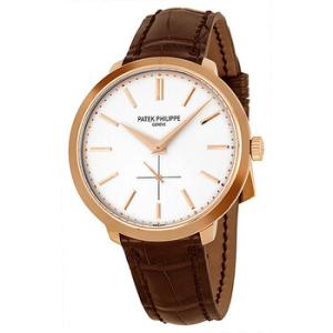 Preowned Patek Philippe Calatrava Silver Dial 18k Rose Gold Brown Leather Watch 5123R001