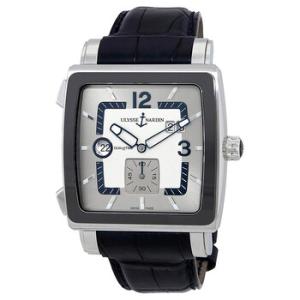 Quadrato Dual Time Silver Dial Black Leather Automatic Watch 24392CER601