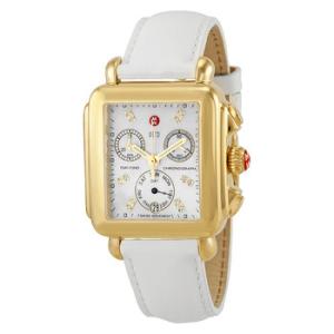 Signature Deco White Mother of Pearl Dial Goldtone White Leather Watch MWW06P000032