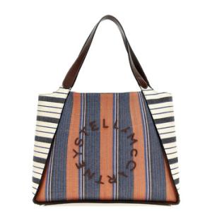 Striped Logo Embroidered Cotton Tote Bag
