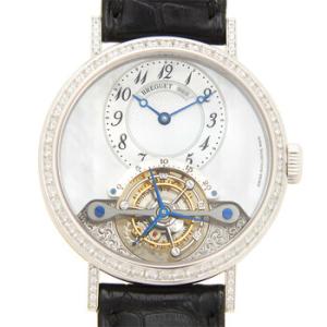 Tourbillon Mother of Pearl Dial 18kt White Gold Diamond Black Leather Watch 3358BB52986DD00