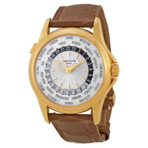 World Time Silver Dial 18kt Yellow Gold Brown Leather Watch 5130J