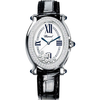 Happy Sport Oval White Diamond Dial Black Leather Watch