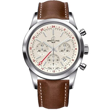 Transocean Chronograph GMT Silver Dial Brown Leather Watch AB045112G772BRLT