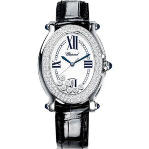 Happy Sport Oval White Diamond Dial Black Leather Watch