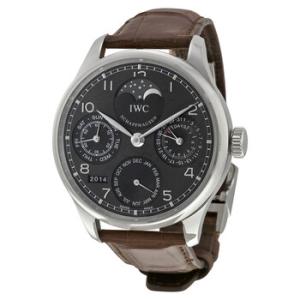 Portuguese Automatic Grey Dial 18kt White Gold Brown Leather Watch IW502307