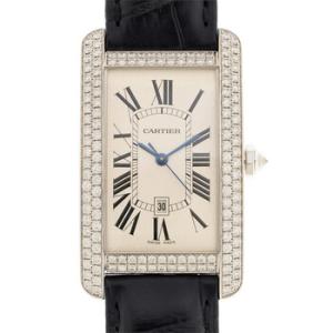 Tank Americaine Silver Dial 18kt White Gold Diamond Black Leather Watch WB710004
