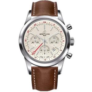 Transocean Chronograph GMT Silver Dial Brown Leather Watch AB045112G772BRLT