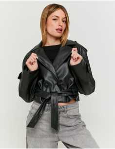 ქურთუკი Tally Weijl - Black Faux Leather Cropped Trenchcoat