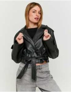 ქურთუკი Tally Weijl - Black Faux Leather Cropped Trenchcoat