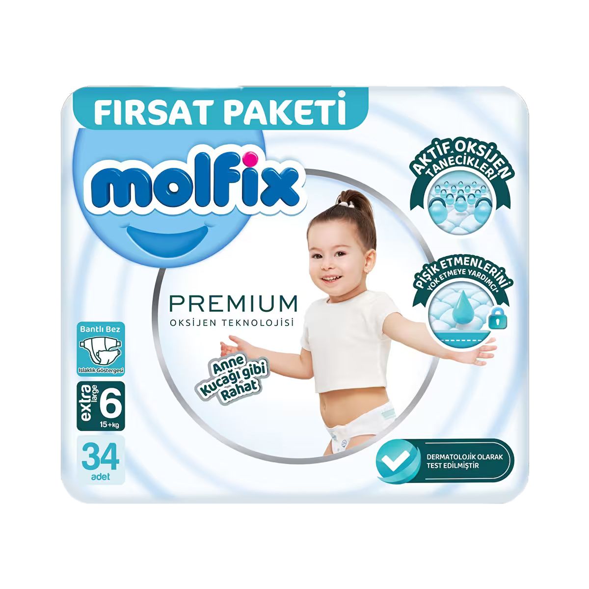 ბავშვის საფენი პრემიუმ ოქსიგენ 15+კგ 34 ცალი 9376 მოლფიქსი - Molfix