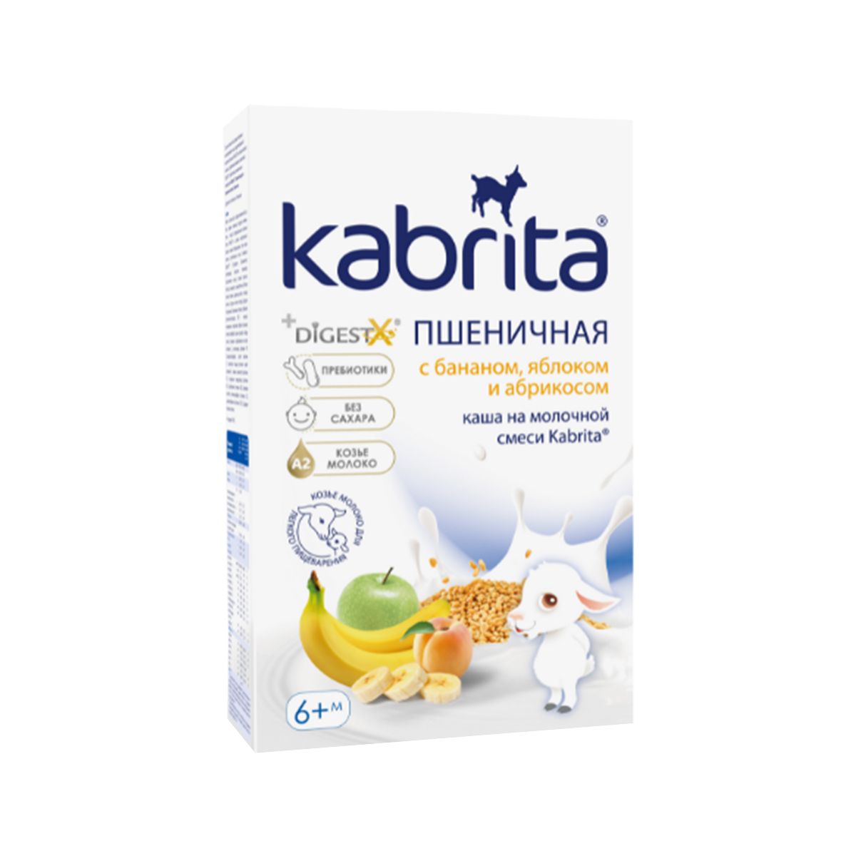 ფაფა თხის რძით ხორბალი ბანანით გარგარით და ვაშლით 6 თვიდან 180 გ კაბრიტა - Kabrita