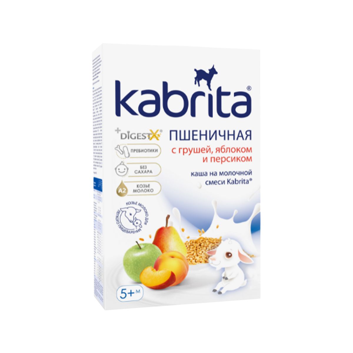 ფაფა თხის რძით ხორბალი ვაშლით და ატმით 5 თვიდან 180 გ კაბრიტა - Kabrita