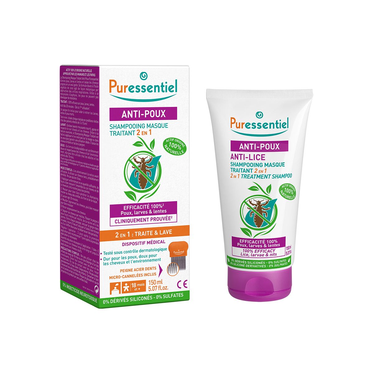 ტილების საწინააღმდეგო შამპუნი და სავარცხელი 150მლ ფიურესენშელი - Puressentiel