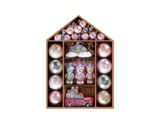 ნაძვის ხის ბურთები 70 ცალი სახლის ფორმის შეფუთვაში C25TJ104