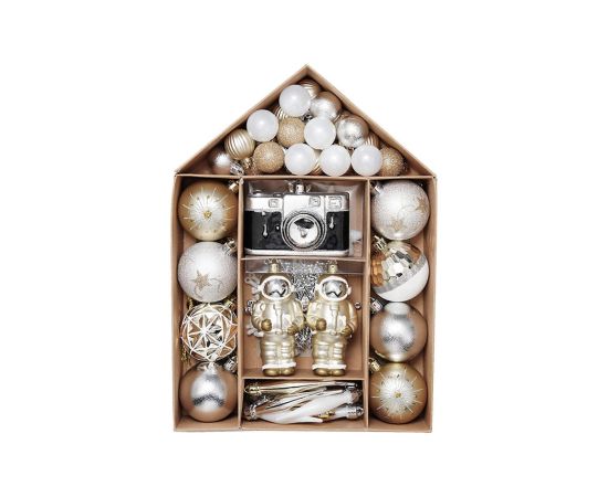 ნაძვის ხის ბურთები 70 ცალი სახლის ფორმის შეფუთვაში C25TJ105